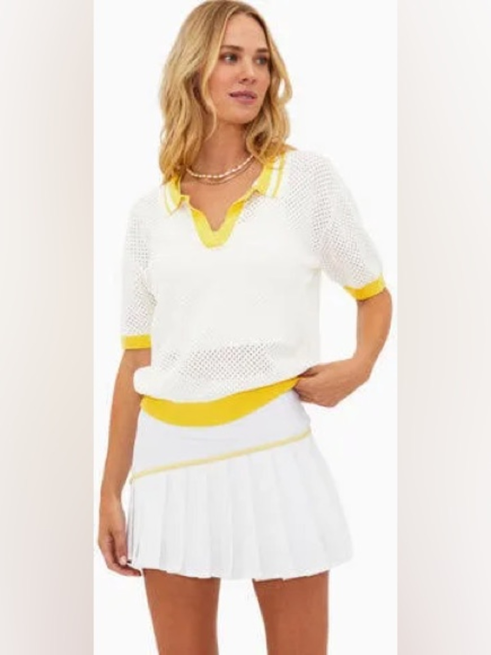 NWT Beach Riot Open Knit Polo Shirt White Yellow Trim Size L
